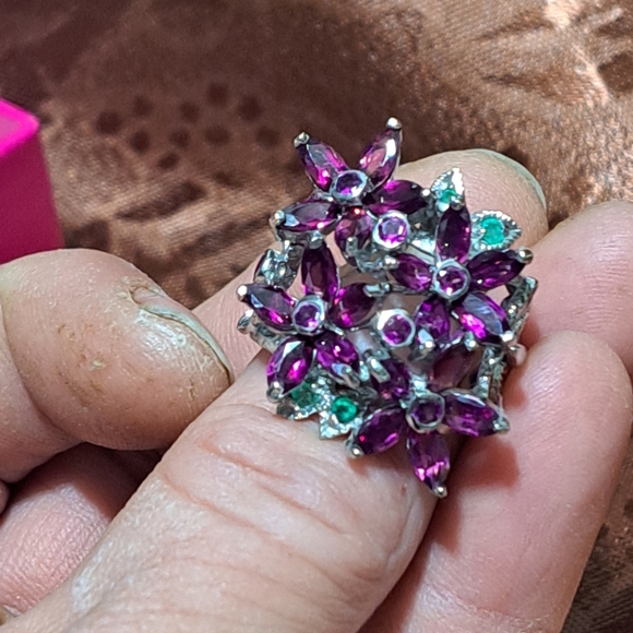 Unheated Rhodolite Garnet marquis cut w Emerald accent 925.sterling 14kwgp SZ 7 - Picture 9 of 9